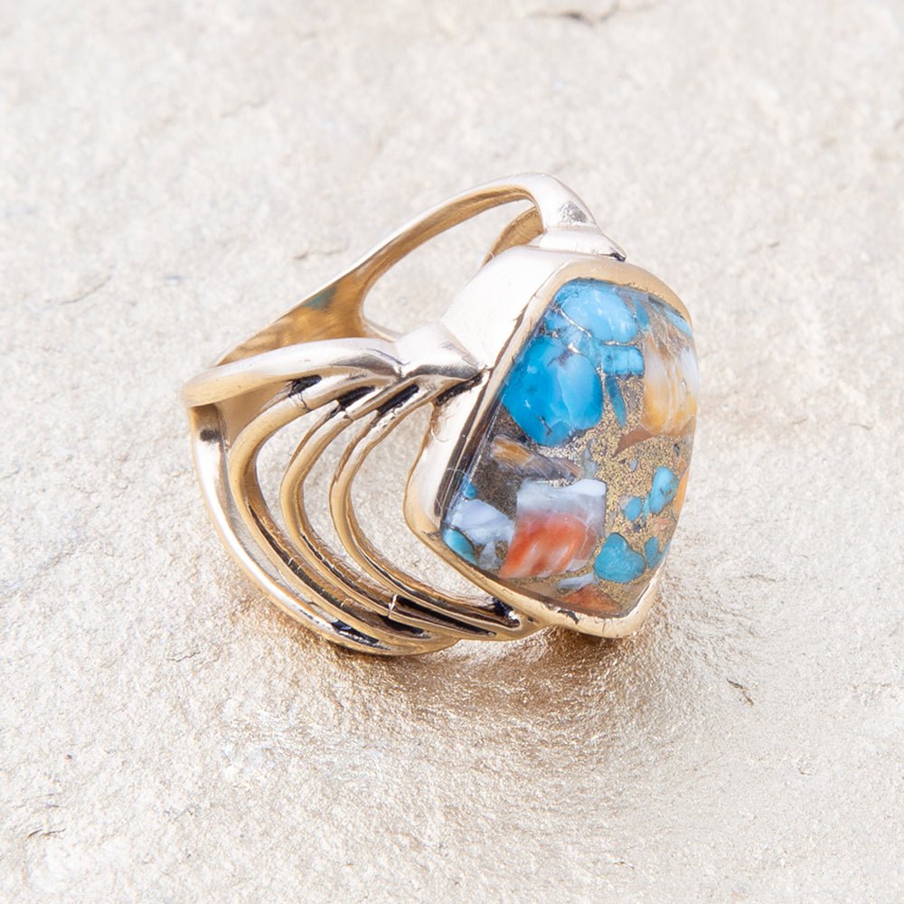 Modern Edge Turquoise and Spiny Oyster Shell Matrix Stone Golden Ring main image 1