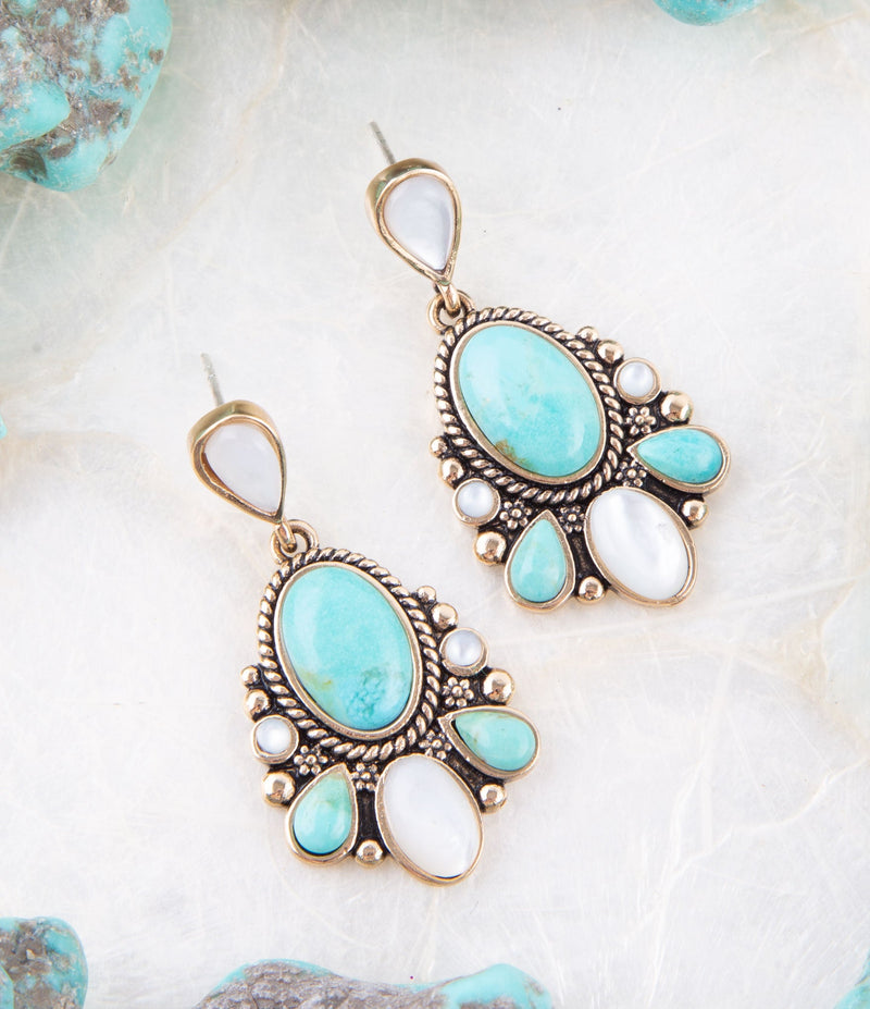 Barcelona Turquoise and Mother of Pearl Post Drop Earrings - Barse Jewelry
