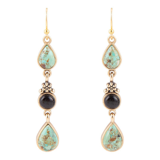 Barcelona Blue Turquoise and Black Onyx Linear Drop Golden Earrings
