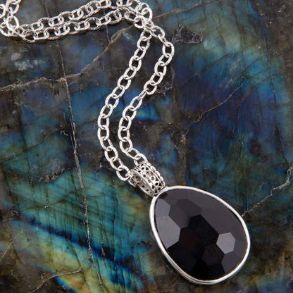Black Onyx and Sterling Silver Teardrop Pendant Necklace - Barse Jewelry