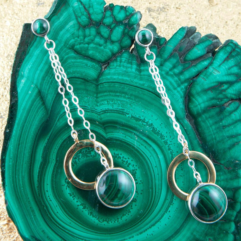 Circle Green Malachite and Two-Toned Metal Dangle Earrings - Barse Jewelry