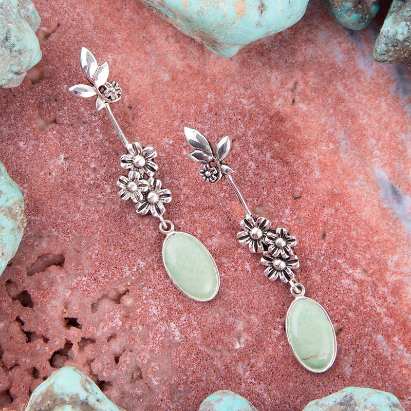 Floral Linear Drop Green Turquoise and Sterling Silver Earrings - Barse Jewelry