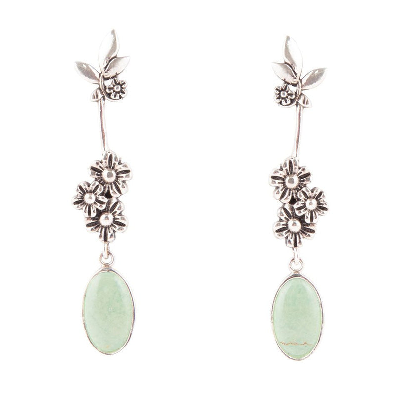 Floral Linear Drop Green Turquoise and Sterling Silver Earrings - Barse Jewelry