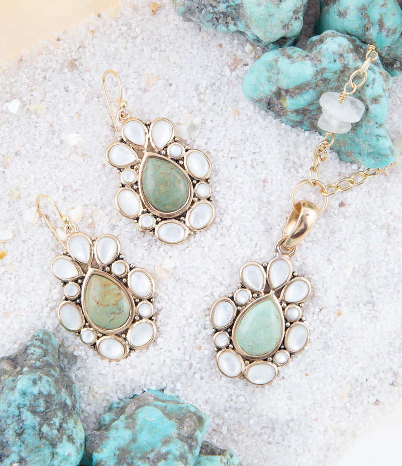 Green Turquoise and White Mother of Pearl Golden Bronze Drop Earrings - Barse Jewelry