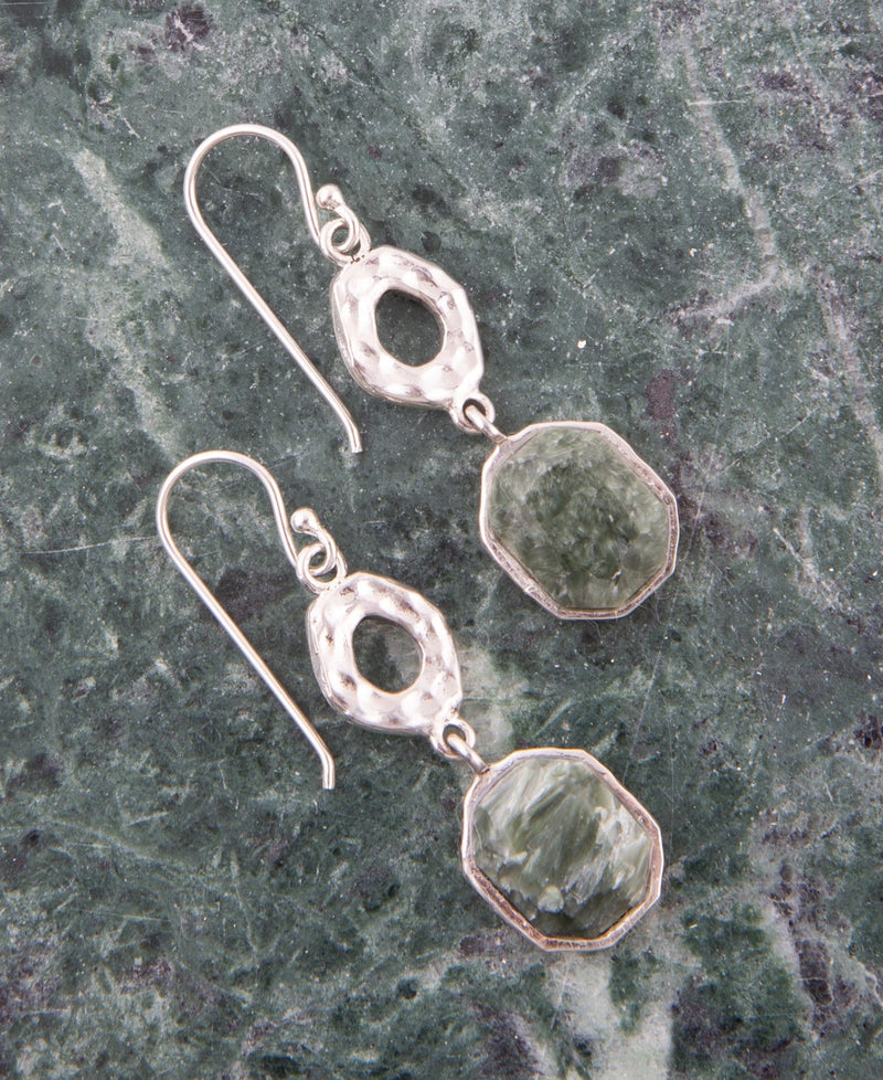 Hammered Green Seraphinite and Sterling Silver Drop Earrings - Barse Jewelry