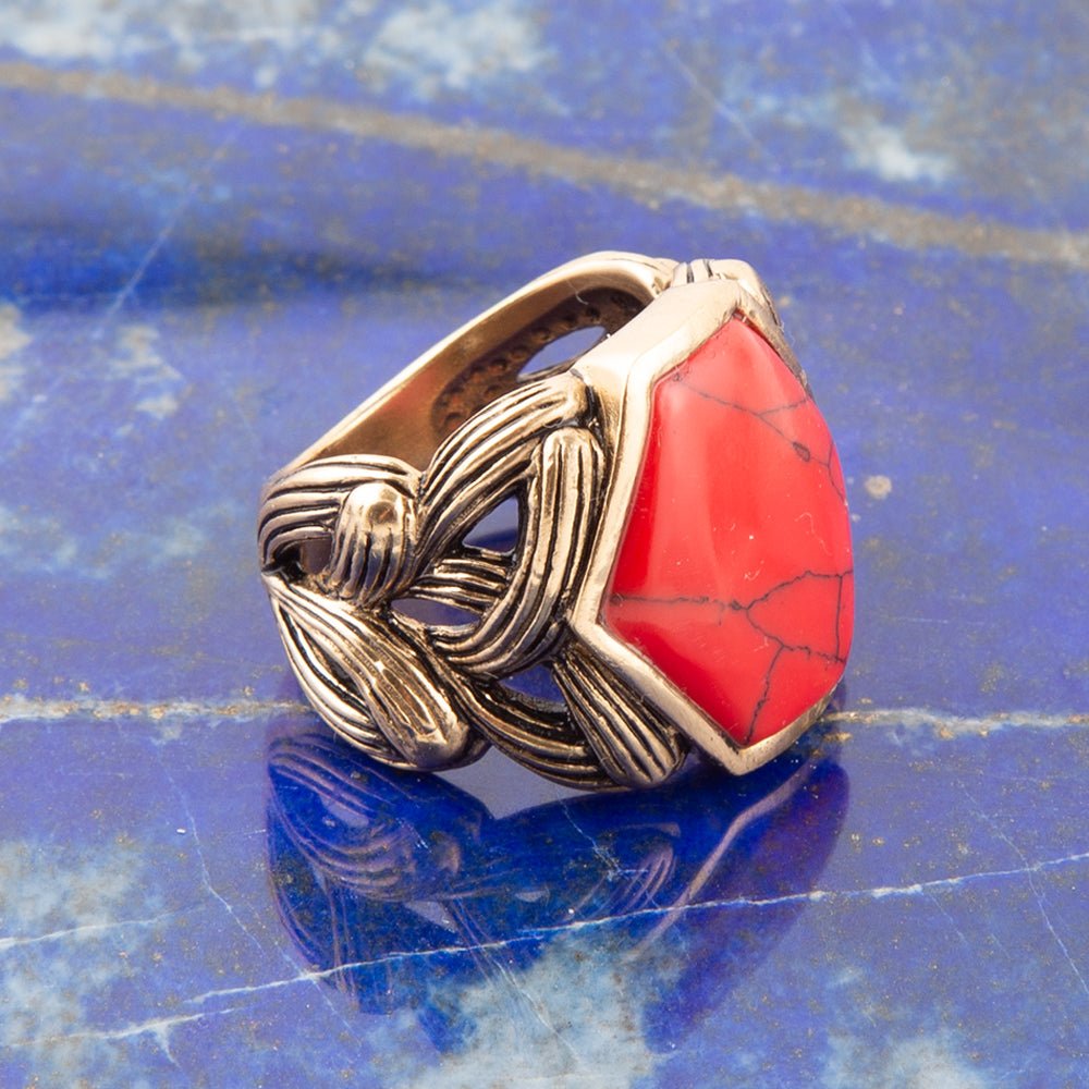 Hexagon Red Howlite Ring - Barse Jewelry