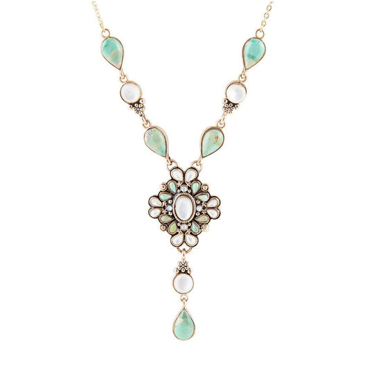 White Mother of Pearl and Blue Turquoise Golden Barcelona Y-Necklace