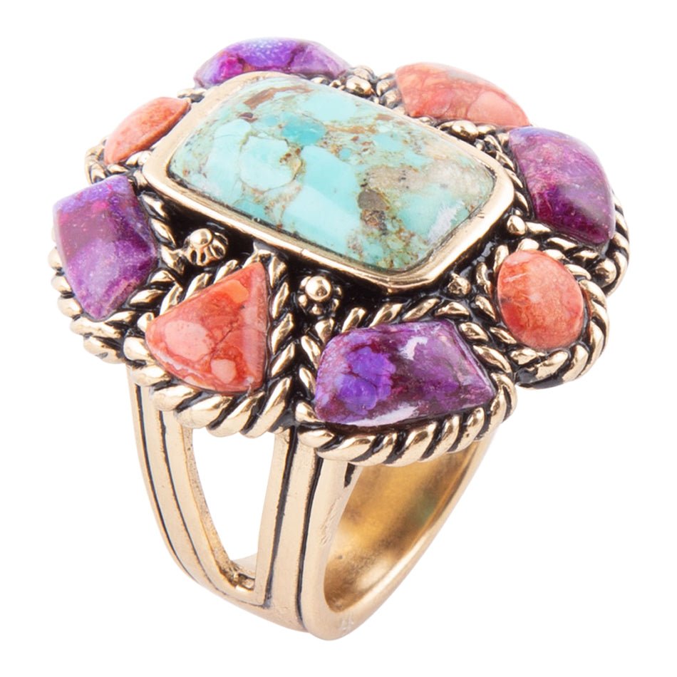 Blue Turquoise Colorful Floral Golden Ring – Barse Jewelry