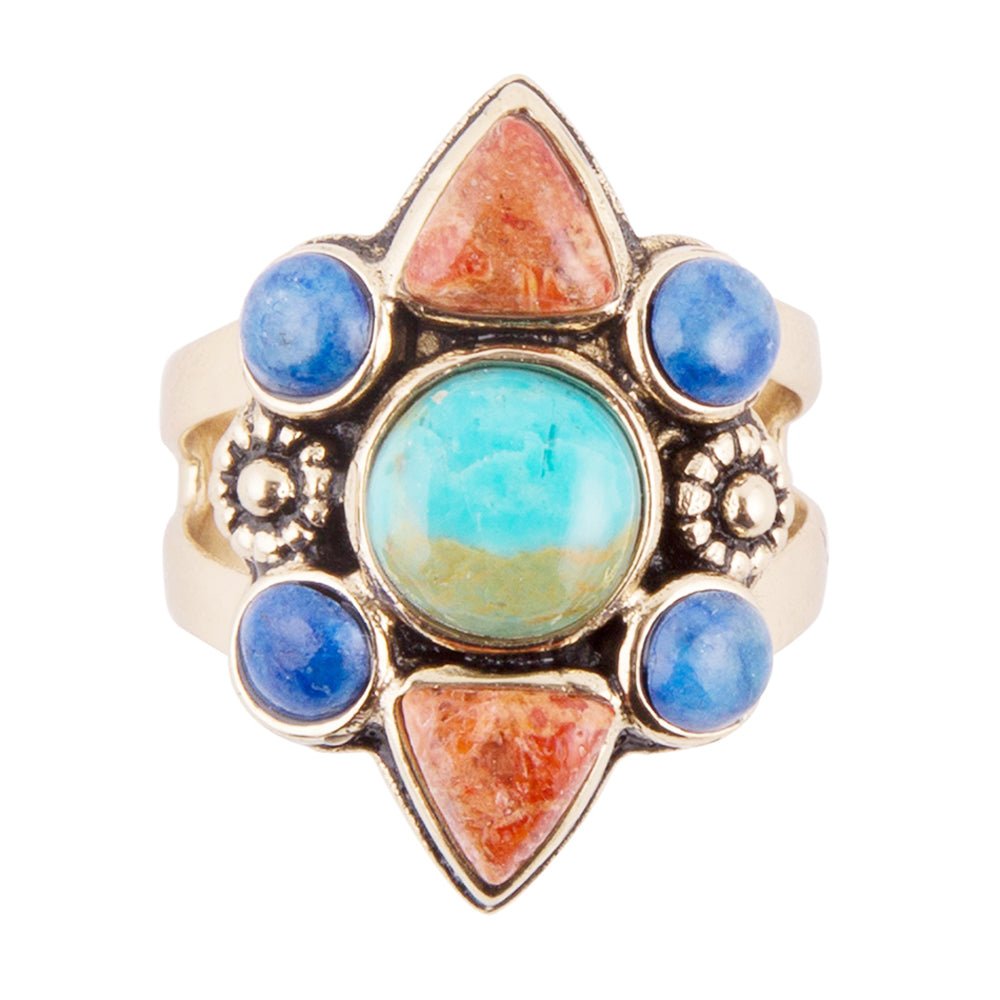 Blue Turquoise and Colorful Multi Stone Golden Statement Ring