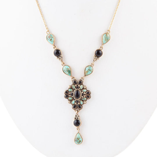 Barcelona Black Onyx and Blue Turquoise Golden Y-Necklace