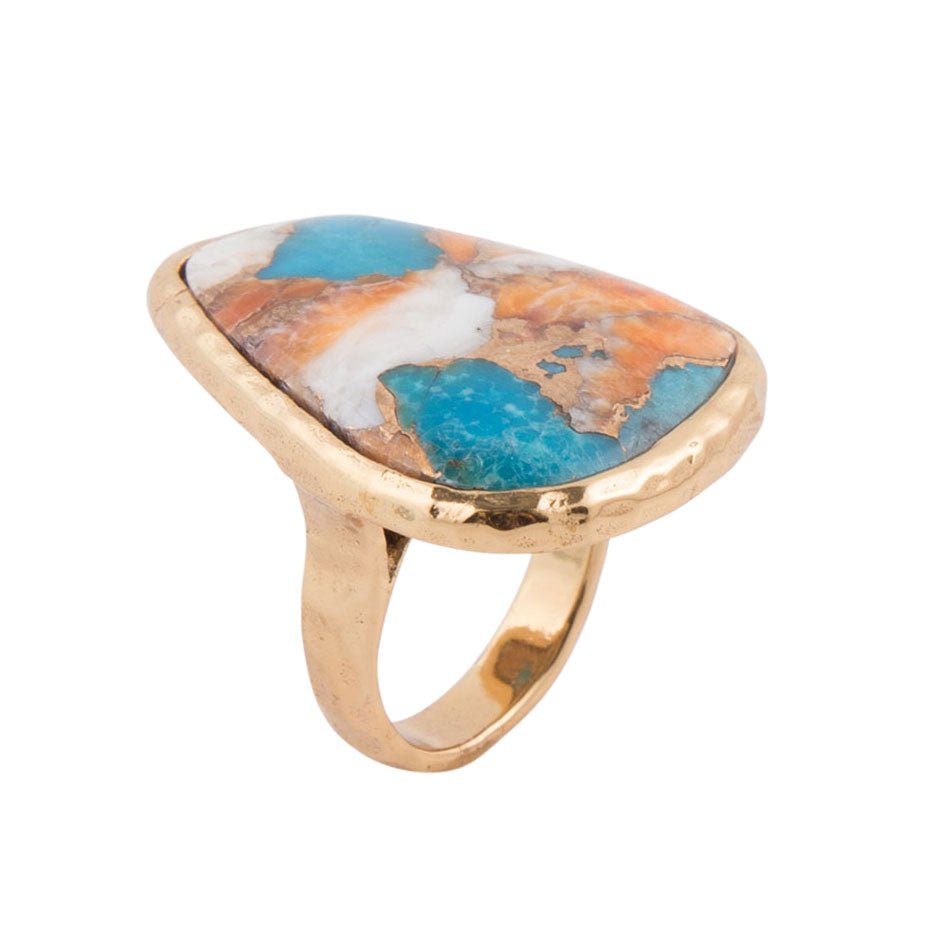 Orange Spiny Oyster and Turquoise Matrix Abstract Ring - Barse Jewelry