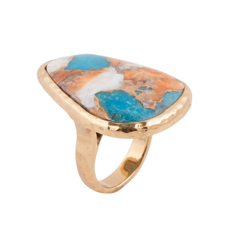 Orange Spiny Oyster and Turquoise Matrix Abstract Ring - Barse Jewelry