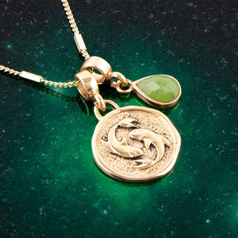 Pisces Zodiac Green Jade Golden Charm Necklace