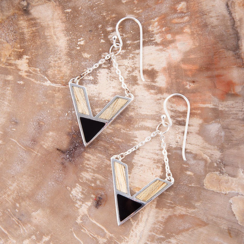 Point Made Onyx and Wood Silver Earring - Barse Jewelry