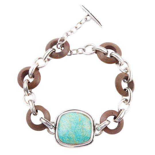 Precious Turquoise and Wood Sterling Silver Toggle Bracelet