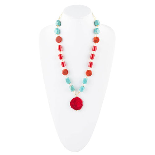 Red River Turquoise and Coral Rosary Pendant Necklace - Barse Jewelry