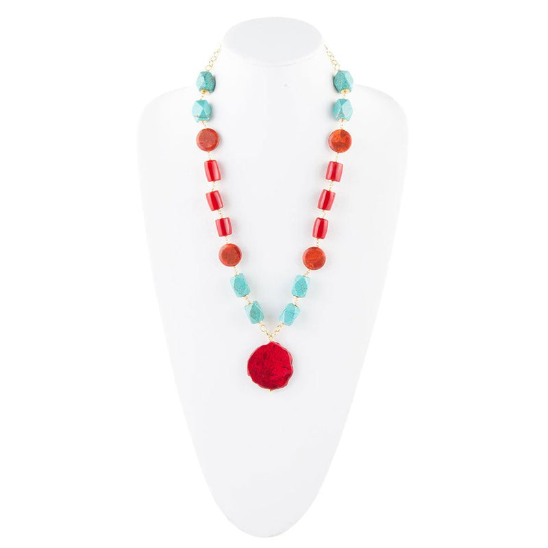 Red River Turquoise and Coral Rosary Pendant Necklace - Barse Jewelry