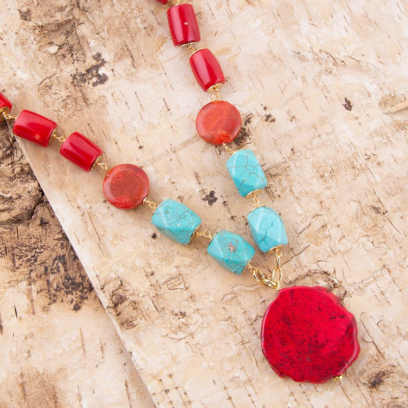 Red River Turquoise and Coral Rosary Pendant Necklace - Barse Jewelry