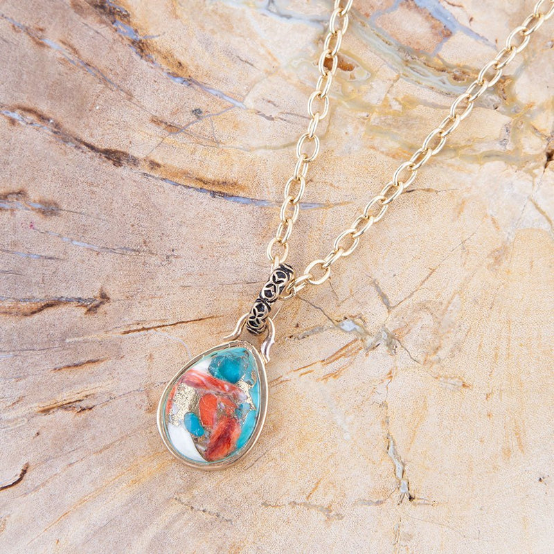 Simple Turquoise and Spiny Oyster Matrix Bronze Pendant Necklace - Barse Jewelry