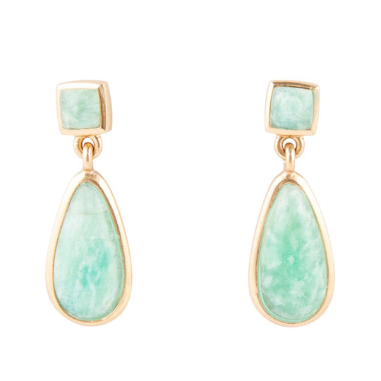 Smooth Green Amazonite and Golden Bronze Teardrop Earrings