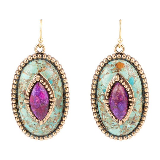 Stacked Stone Blue and Purple Turquoise Golden Drop Earrings
