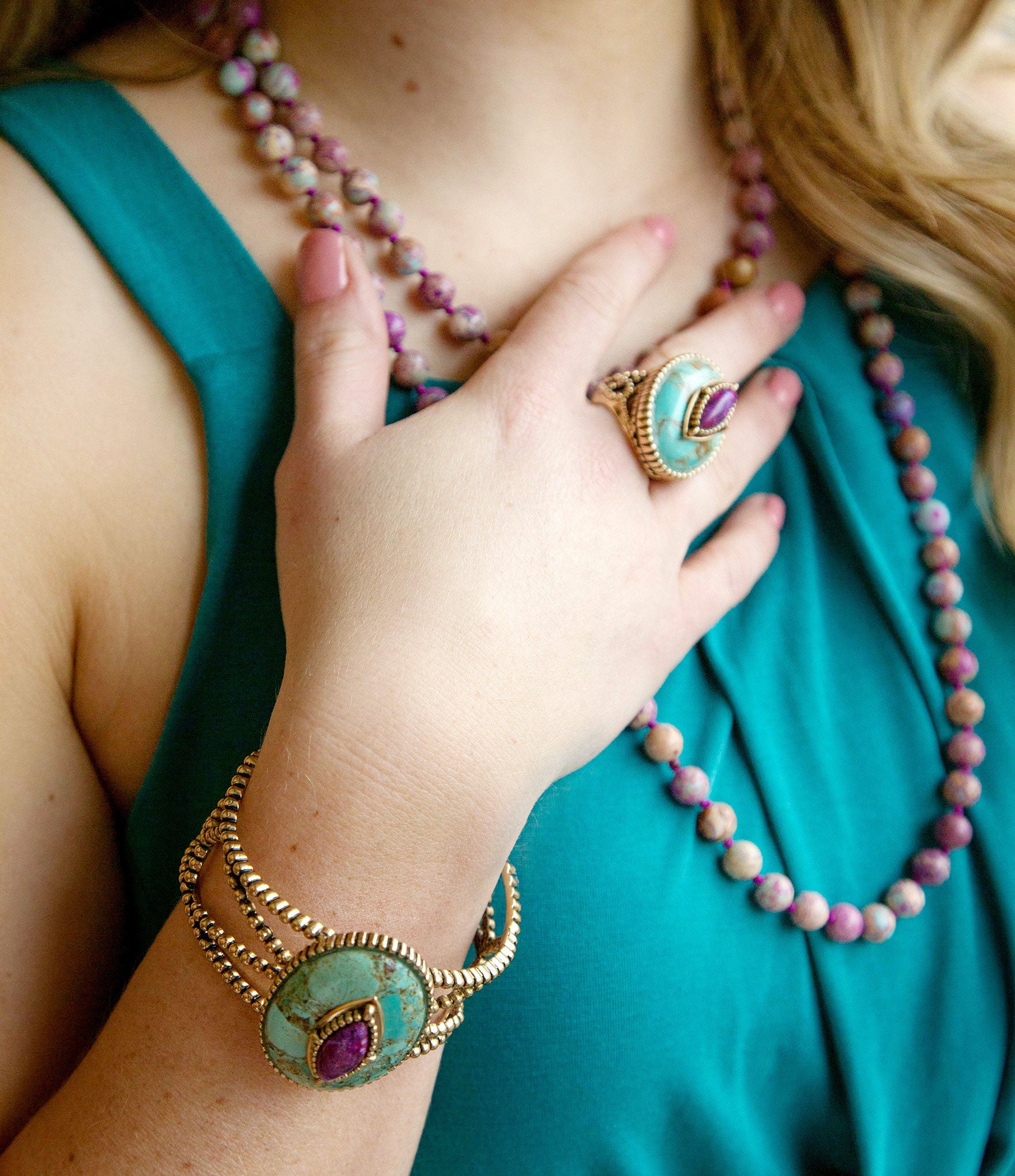 Stacked Stone Blue and Purple Turquoise Golden Ring 7