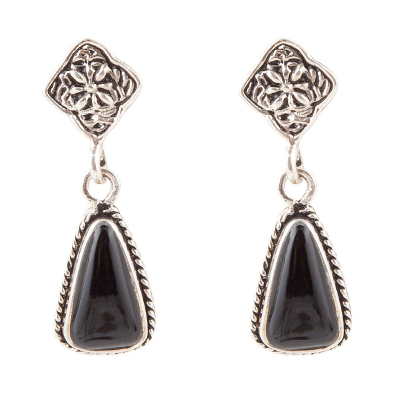 Sterling Silver Ornate Post Onyx Drop Earrings - Barse Jewelry