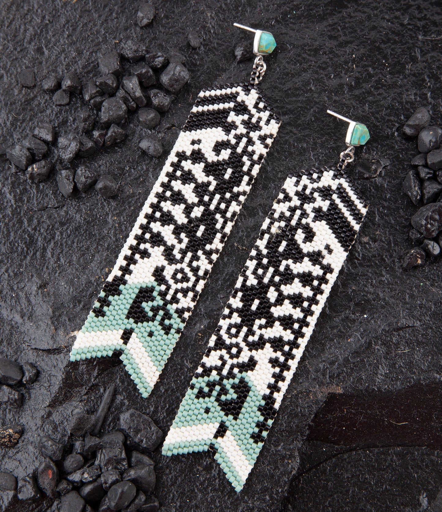 Turquoise Long Woven Seed Bead Earrings - Barse Jewelry