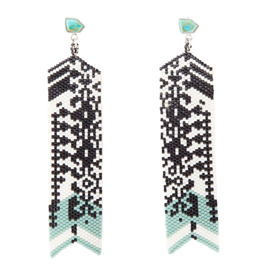 Turquoise Long Woven Seed Bead Earrings