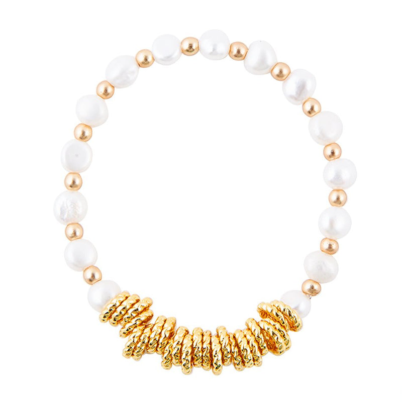 White and Gold Freshwater Pearl Stack Stretch Bracelet - Barse Jewelry