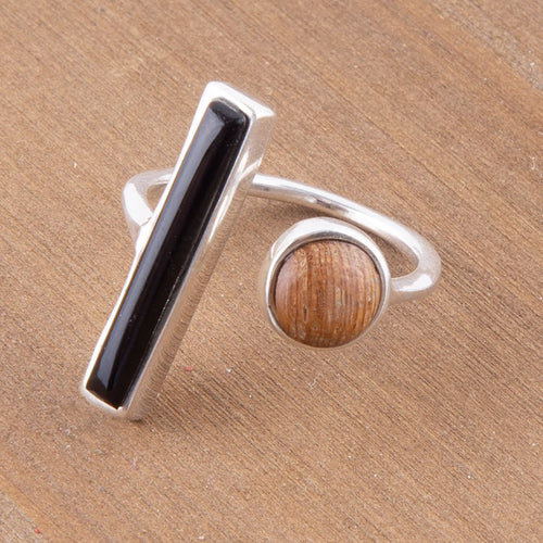 Wood and Onyx Size Adjustable Ring - Barse Jewelry